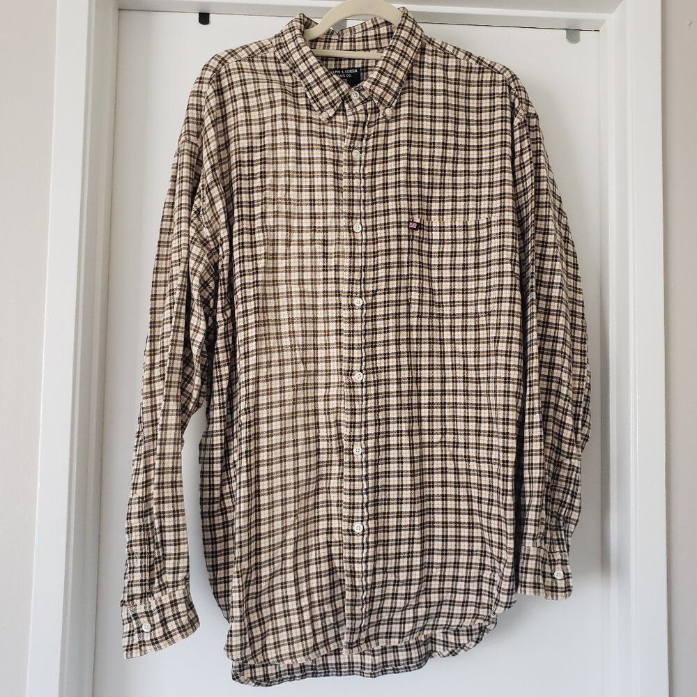 Ralph Lauren Jeans Co Men Size XL Plaid Flannel Cotton Button Shirt 90s Vintage
